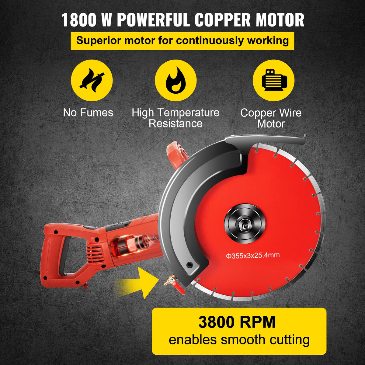 VEVOR Electric Concrete Saw, 14" Concrete Cutter, 1800W Concrete Saw, Electric Circular Saw with 14" Blade and Tools, Masonry Saw for Granite, Brick, Porcelain, Reinforced Concrete and Other Materials