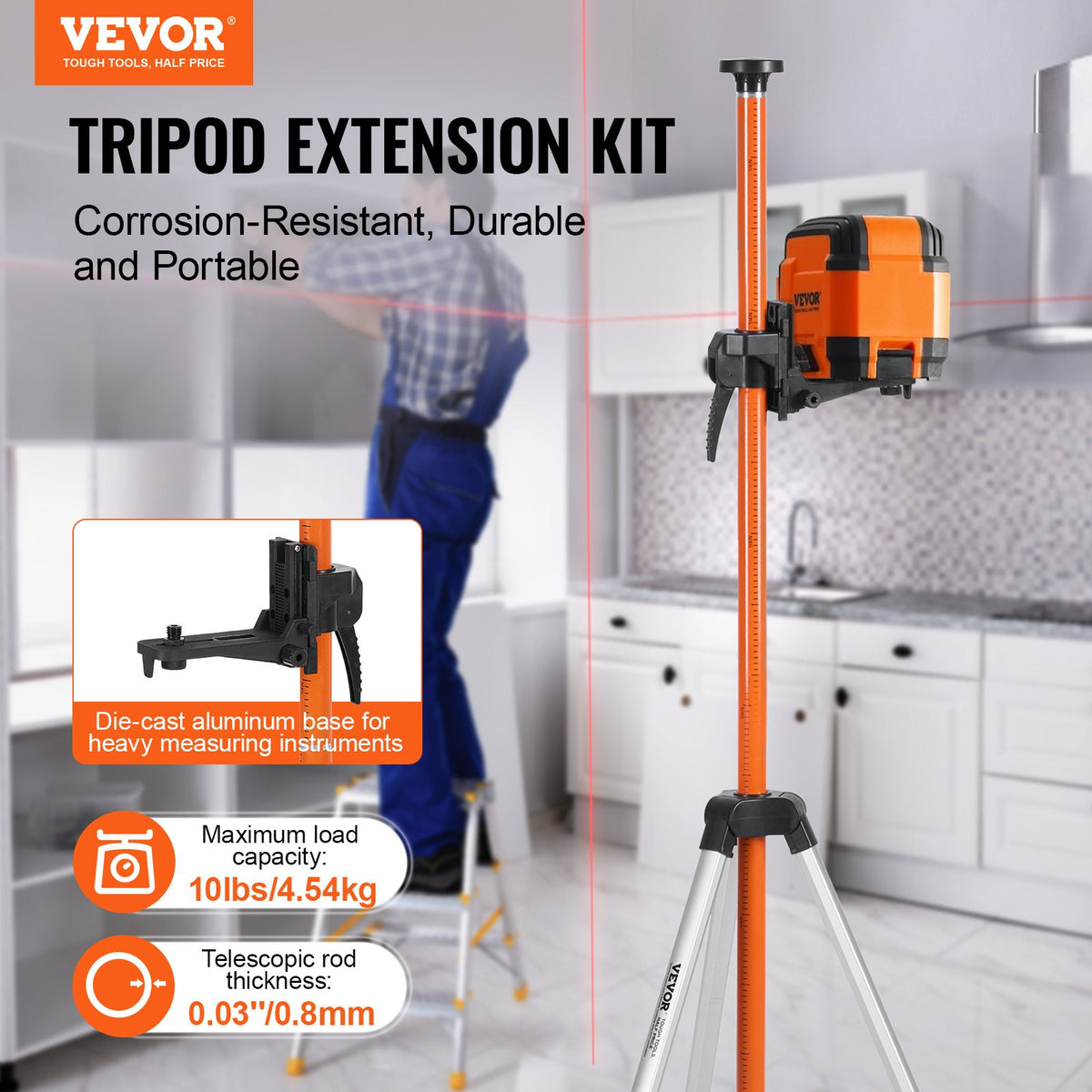 VEVOR Laser Level Tripod, 1/4"-20 & 5/8"-11 Thread Mount, 40.94-133.85 inch Height Adjustment with Level Bubble & Heavy-duty Stand, Extendable Pole Lightweight Aluminum Tripod for Laser Scanner