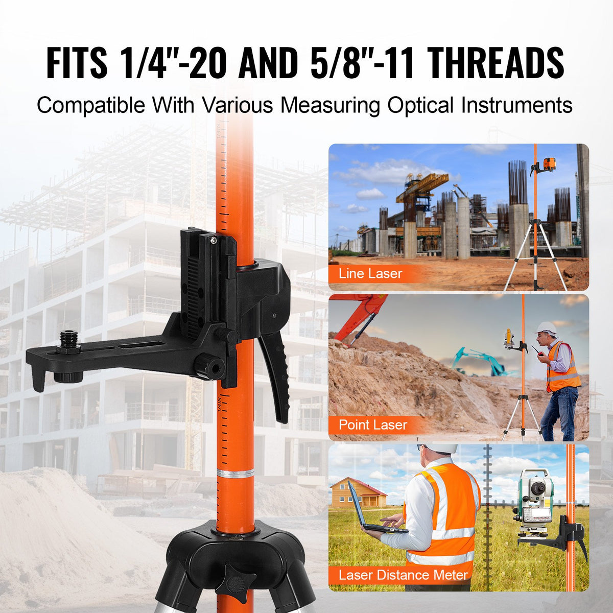 VEVOR Laser Level Tripod, 1/4"-20 & 5/8"-11 Thread Mount, 40.94-133.85 inch Height Adjustment with Level Bubble & Heavy-duty Stand, Extendable Pole Lightweight Aluminum Tripod for Laser Scanner