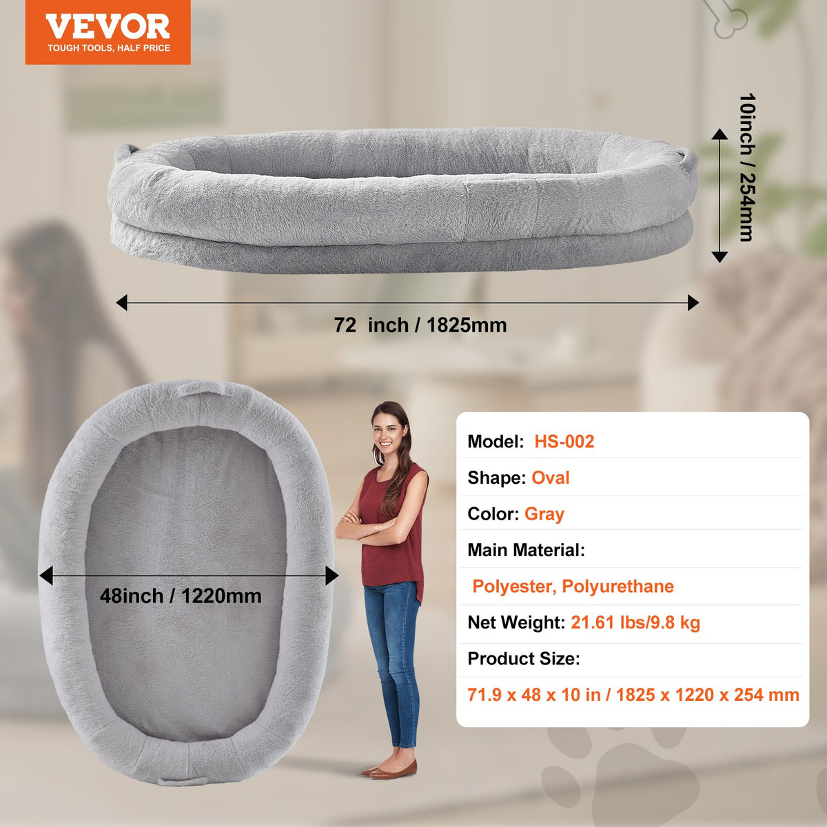 VEVOR Human Dog Bed 1825x1220x254 mm Human Size Dog Bed Washable Faux Rabbit Fur