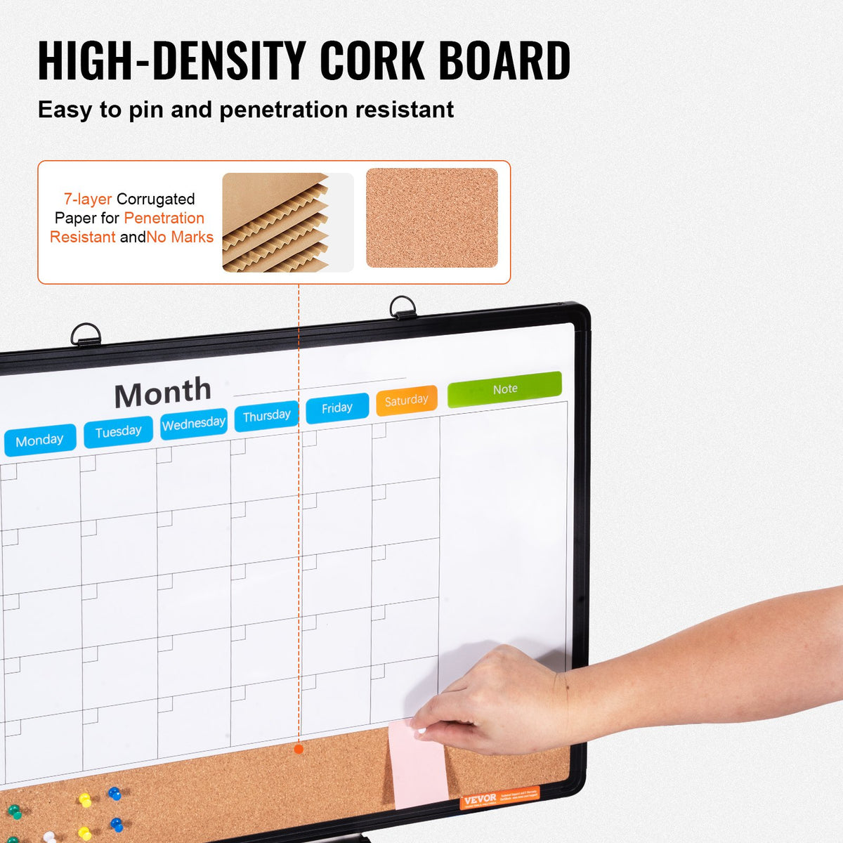 VEVOR 24"x 18" Monthly Calendar Whiteboard & Cork Board Combo with Aluminum Frame – 2-in-1 Magnetic Dry Erase Bulletin Board for Wall Mount – Ideal for School, Home, Office