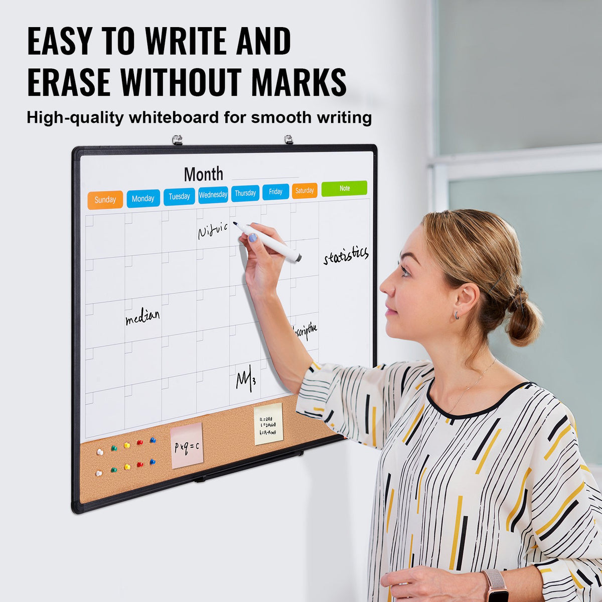 VEVOR 36"x 24" Monthly Calendar Whiteboard & Cork Board Combo with Aluminum Frame – 2-in-1 Magnetic Dry Erase Bulletin Board for Wall Mount – Ideal for School, Home, Office