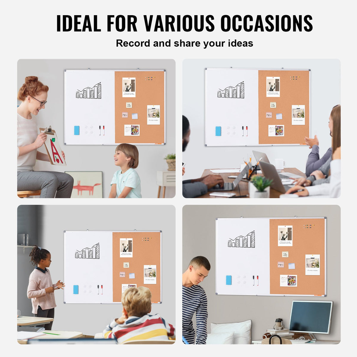 VEVOR 48"x 36" Whiteboard & Cork Board Combo with Aluminum Frame – 2-in-1 Magnetic Dry Erase Bulletin Board for Wall Mount – Ideal for School, Home, Office