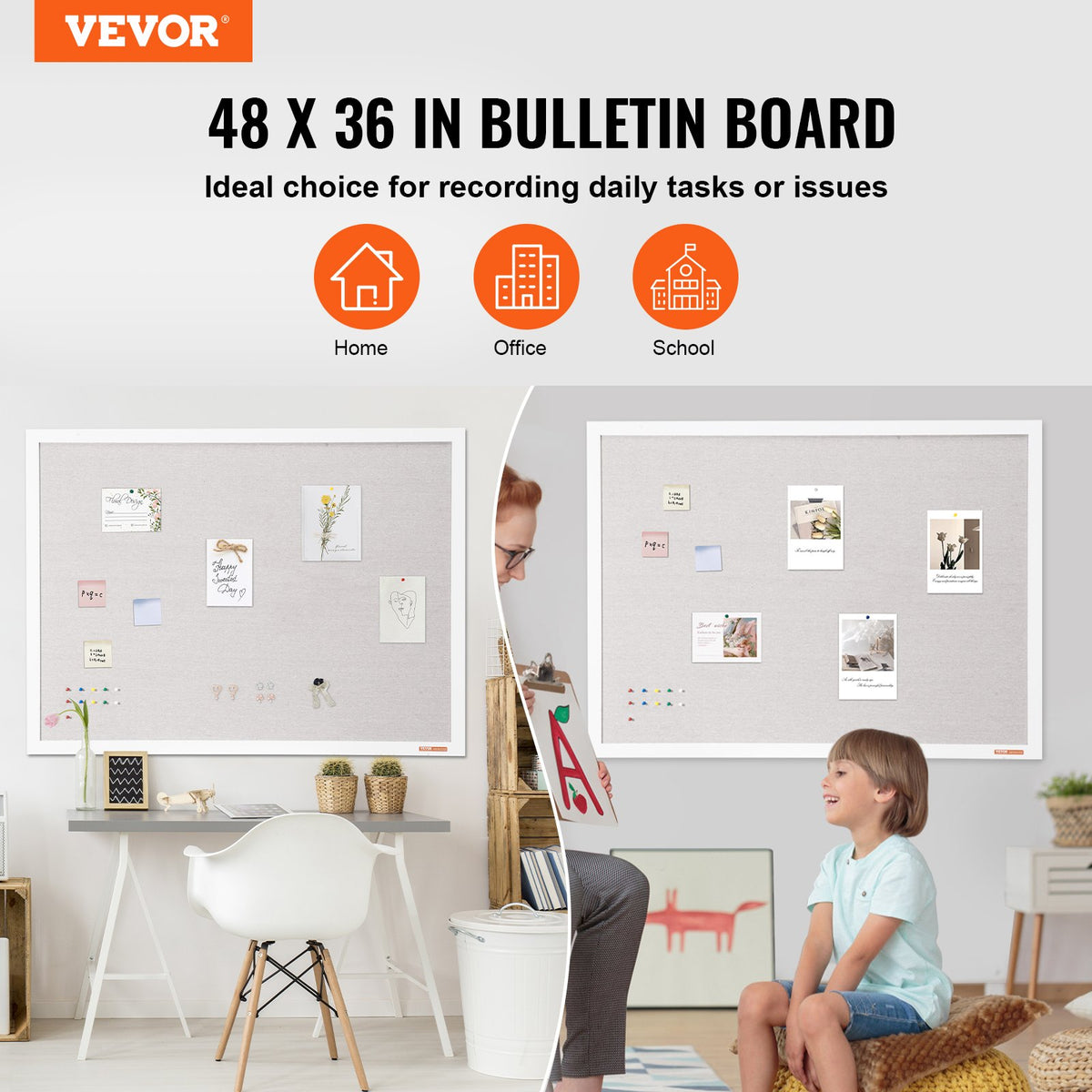 VEVOR 48"x36" White Cork Board with Linen Surface – Stylish Wall-Mounted Bulletin Board for Home, School, Office – Elegant & Functional Noticeboard