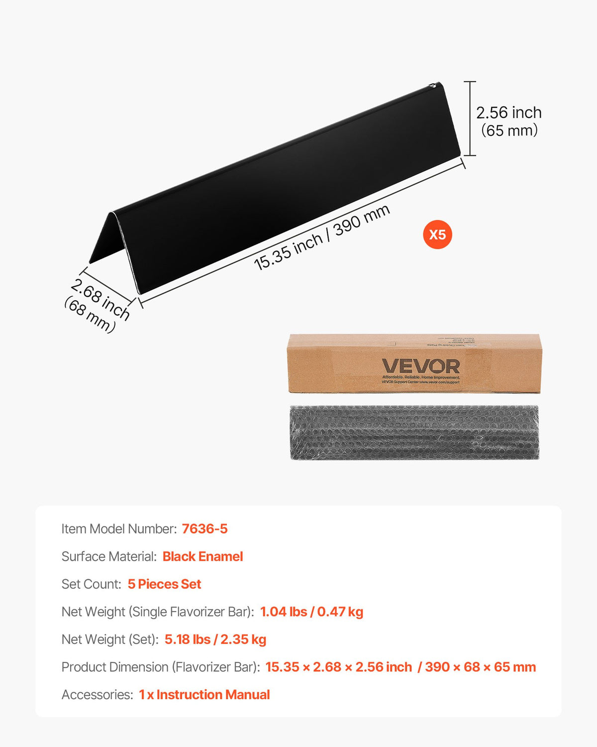 VEVOR Flavorizer Bars, 39cm Grill Replacement Part, for Weber Spirit I & II 300 Series Grills, Including Spirit E-310, ll S-310, ll E-320, Porcelain-enameled Steel Thicker Heat Plate, 5 Pack