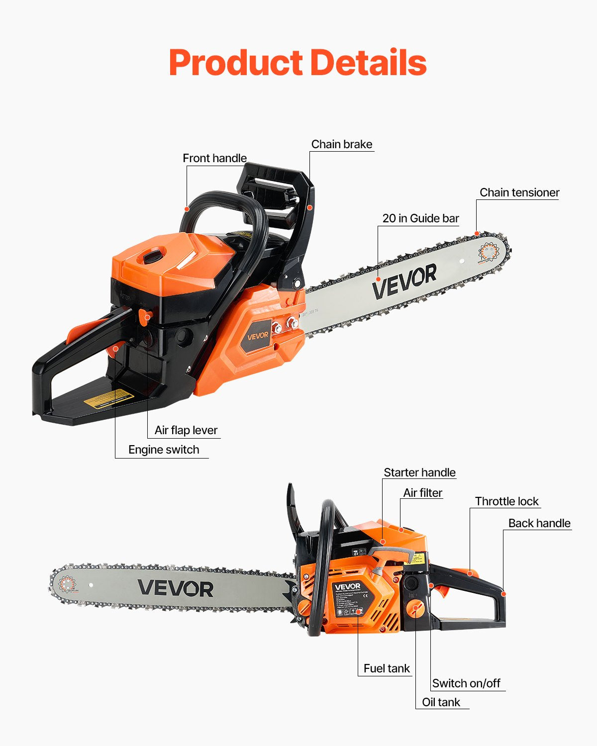VEVOR 58 cc Gas Chainsaw, 508 mm Gas Powered Chainsaw, 2.0 kW Power Chain Saw with Non-Slip Handle, Gas-Powered Chainsaws with Dual Fuel Tanks, For Wood Cutting, Tree Trimming, and Land Clearing