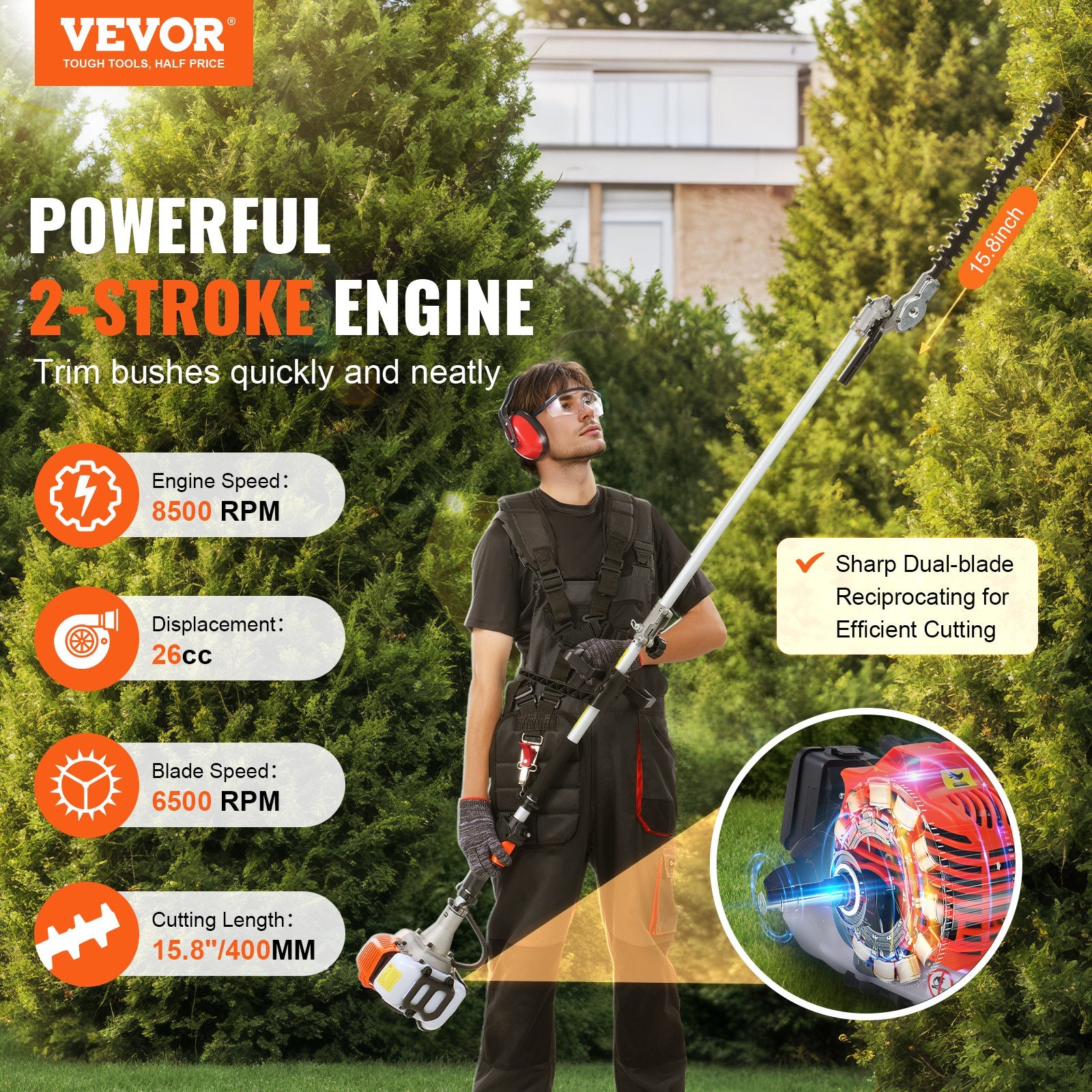 VEVOR 15.7-inch 26CC 2 Cycle Gas Hedge Trimmer, Gas Powered Pole Hedge Trimmer with Dual Sided Dual Action Blade, Adjustable Trimmer Head, Suitable for Trimming Shrubs, Bushes
