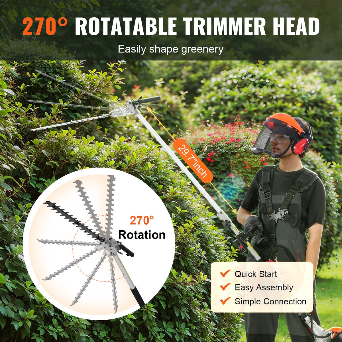 VEVOR 15.7-inch 26CC 2 Cycle Gas Hedge Trimmer, Gas Powered Pole Hedge Trimmer with Dual Sided Dual Action Blade, Adjustable Trimmer Head, Suitable for Trimming Shrubs, Bushes