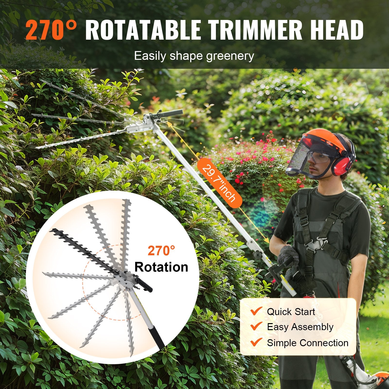 VEVOR 15.7-inch 26CC 2 Cycle Gas Hedge Trimmer, Gas Powered Pole Hedge Trimmer with Dual Sided Dual Action Blade, Adjustable Trimmer Head, Suitable for Trimming Shrubs, Bushes