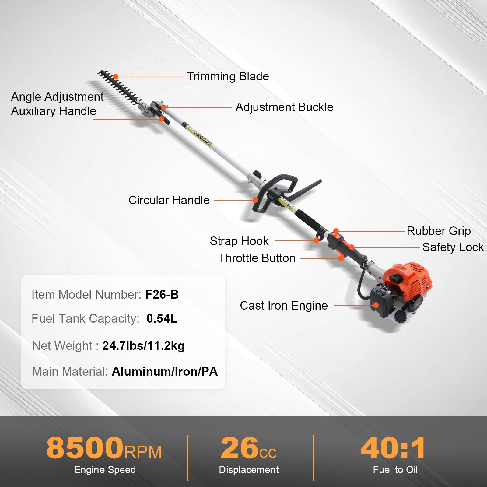 VEVOR 15.7-inch 26CC 2 Cycle Gas Hedge Trimmer, Gas Powered Pole Hedge Trimmer with Dual Sided Dual Action Blade, Adjustable Trimmer Head, Suitable for Trimming Shrubs, Bushes