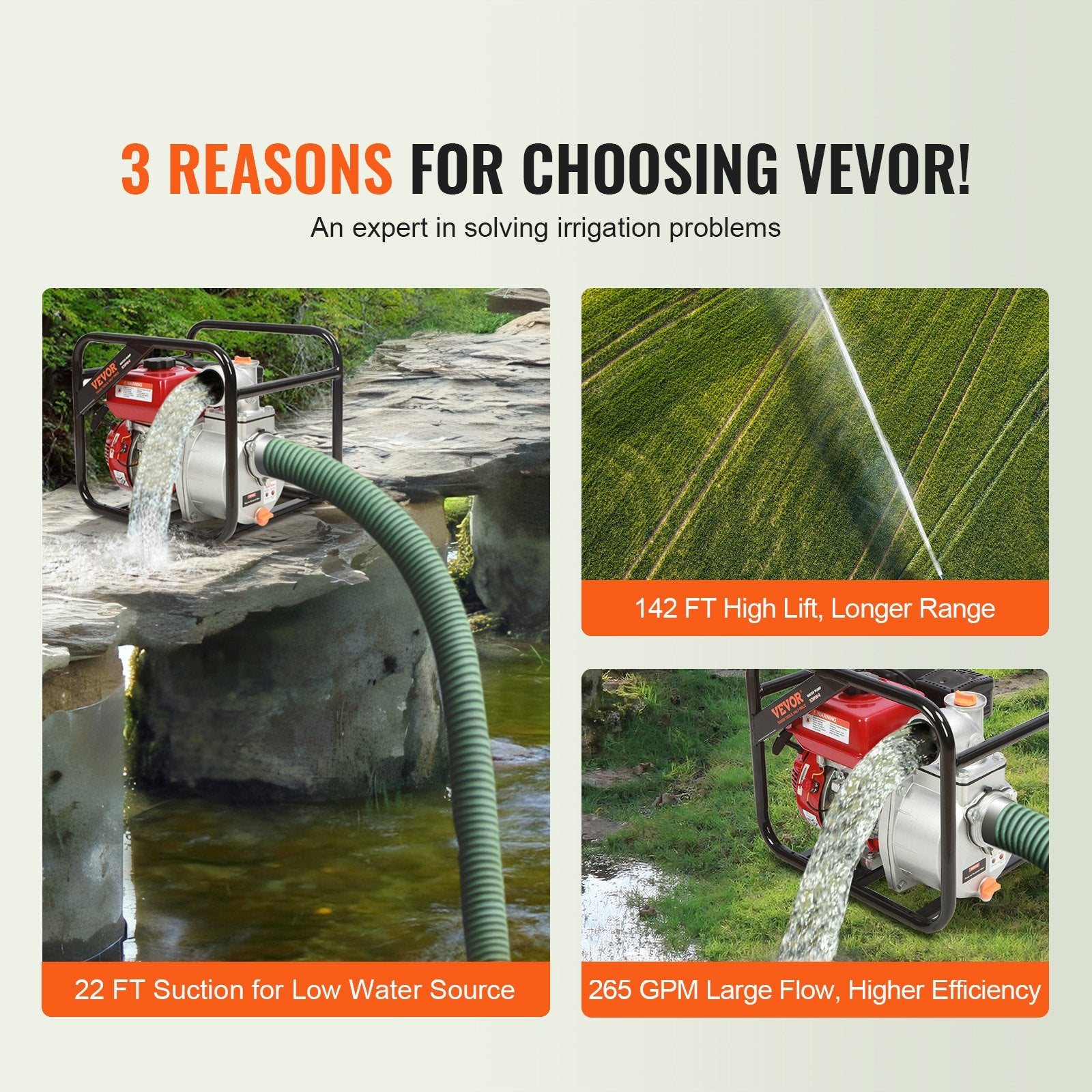 VEVOR Gasoline Engine Water Pump, 80 mm, 7HP 265 GPM, 43 m Lift, 7 m Suction, 4-Stroke Gas Powered Trash Water Transfer Pump Portable High Pressure with 25ft Hose for Irrigation Pool, EPA Certified