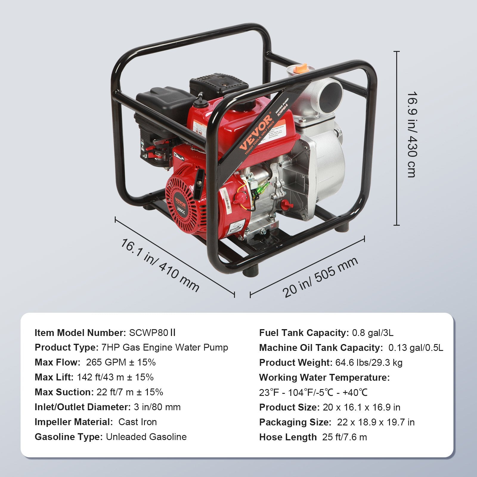VEVOR Gasoline Engine Water Pump, 80 mm, 7HP 265 GPM, 43 m Lift, 7 m Suction, 4-Stroke Gas Powered Trash Water Transfer Pump Portable High Pressure with 25ft Hose for Irrigation Pool, EPA Certified