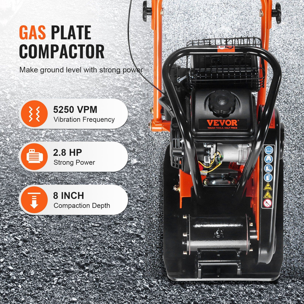 Plate Compactor, 2.8 HP 78.5CC Gas Engine 5,250 VPM, 870 kg Force Vibratory Compaction Tamper with 18.7 x 11.8 inch Plate for Walkways, Patios, Asphalts, Paver Landscaping