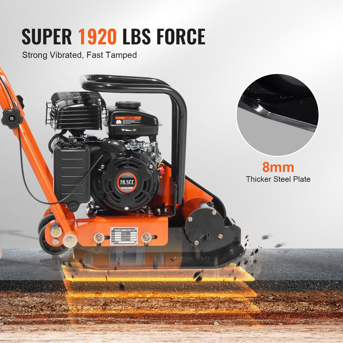 Plate Compactor, 2.8 HP 78.5CC Gas Engine 5,250 VPM, 870 kg Force Vibratory Compaction Tamper with 18.7 x 11.8 inch Plate for Walkways, Patios, Asphalts, Paver Landscaping