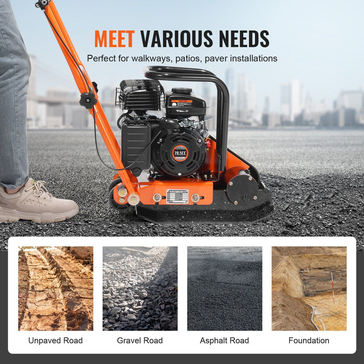 Plate Compactor, 2.8 HP 78.5CC Gas Engine 5,250 VPM, 870 kg Force Vibratory Compaction Tamper with 18.7 x 11.8 inch Plate for Walkways, Patios, Asphalts, Paver Landscaping