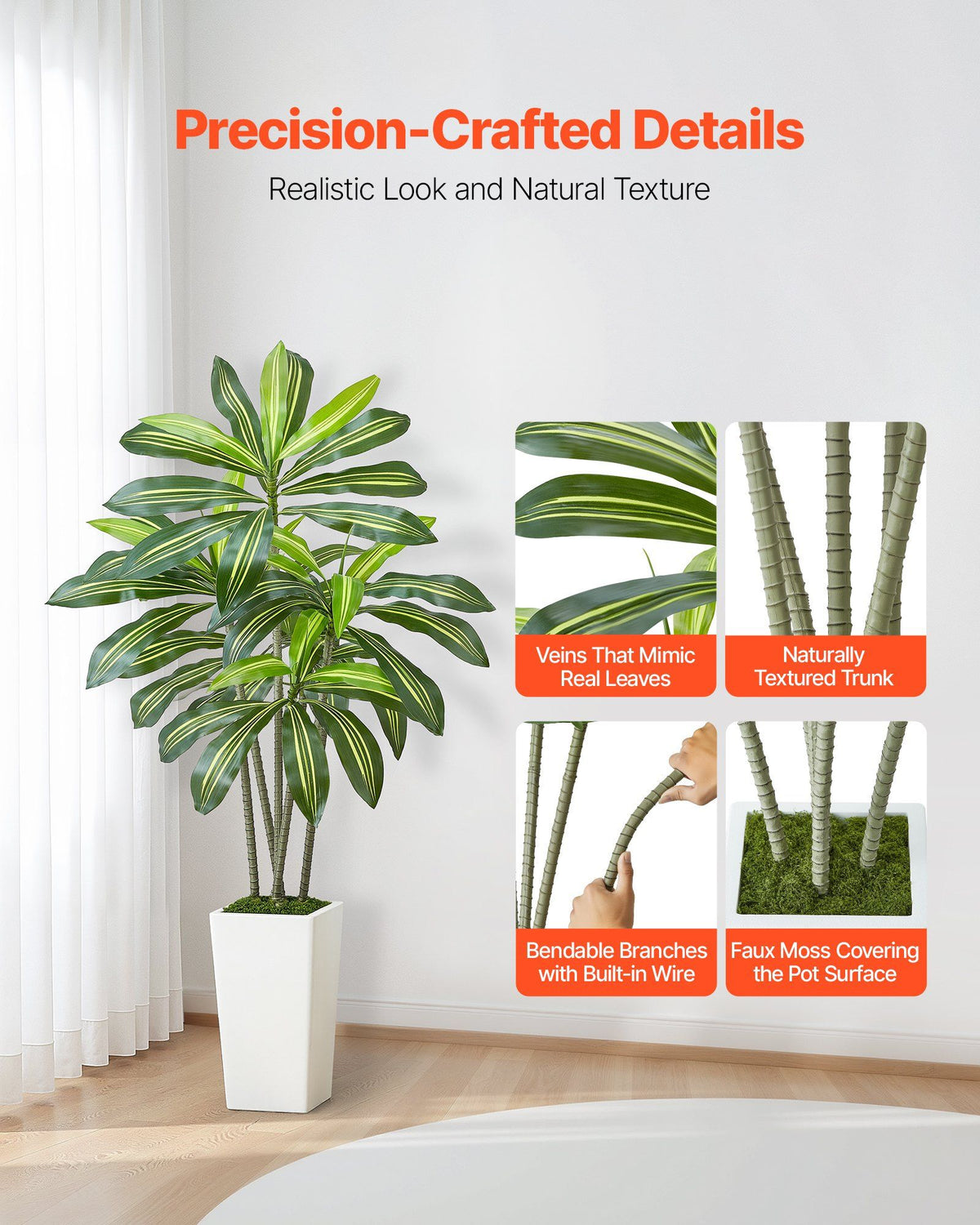 Artificial Dracaena Tree 1524 mm, Fake Palm Tropical Plants with White Tall Planter, Faux Floor Silk Plant in Pot, Large Trees for Home Office Living Room Decor House Warming, Indoor Outdoor