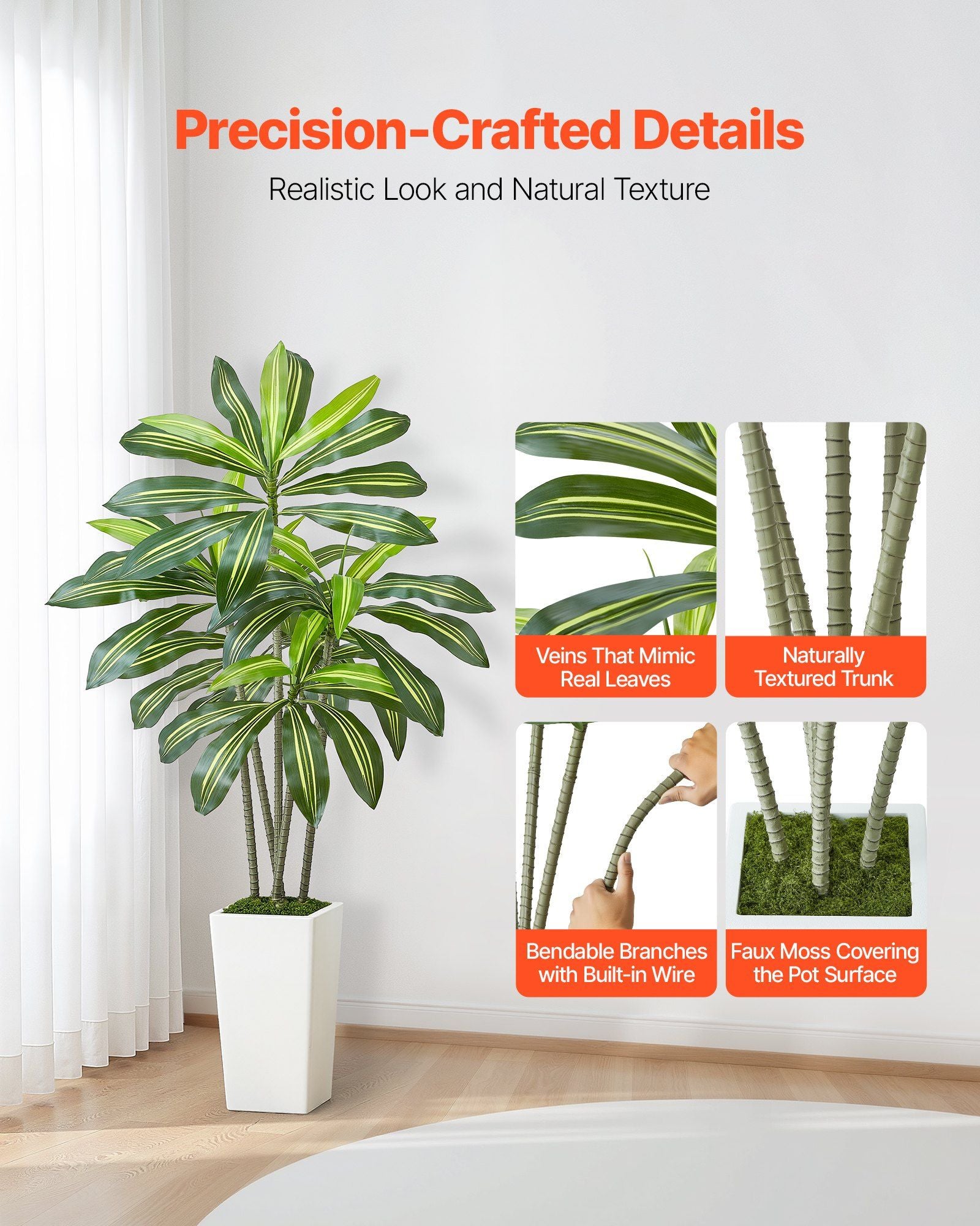 Artificial Dracaena Tree 1524 mm, Fake Palm Tropical Plants with White Tall Planter, Faux Floor Silk Plant in Pot, Large Trees for Home Office Living Room Decor House Warming, Indoor Outdoor