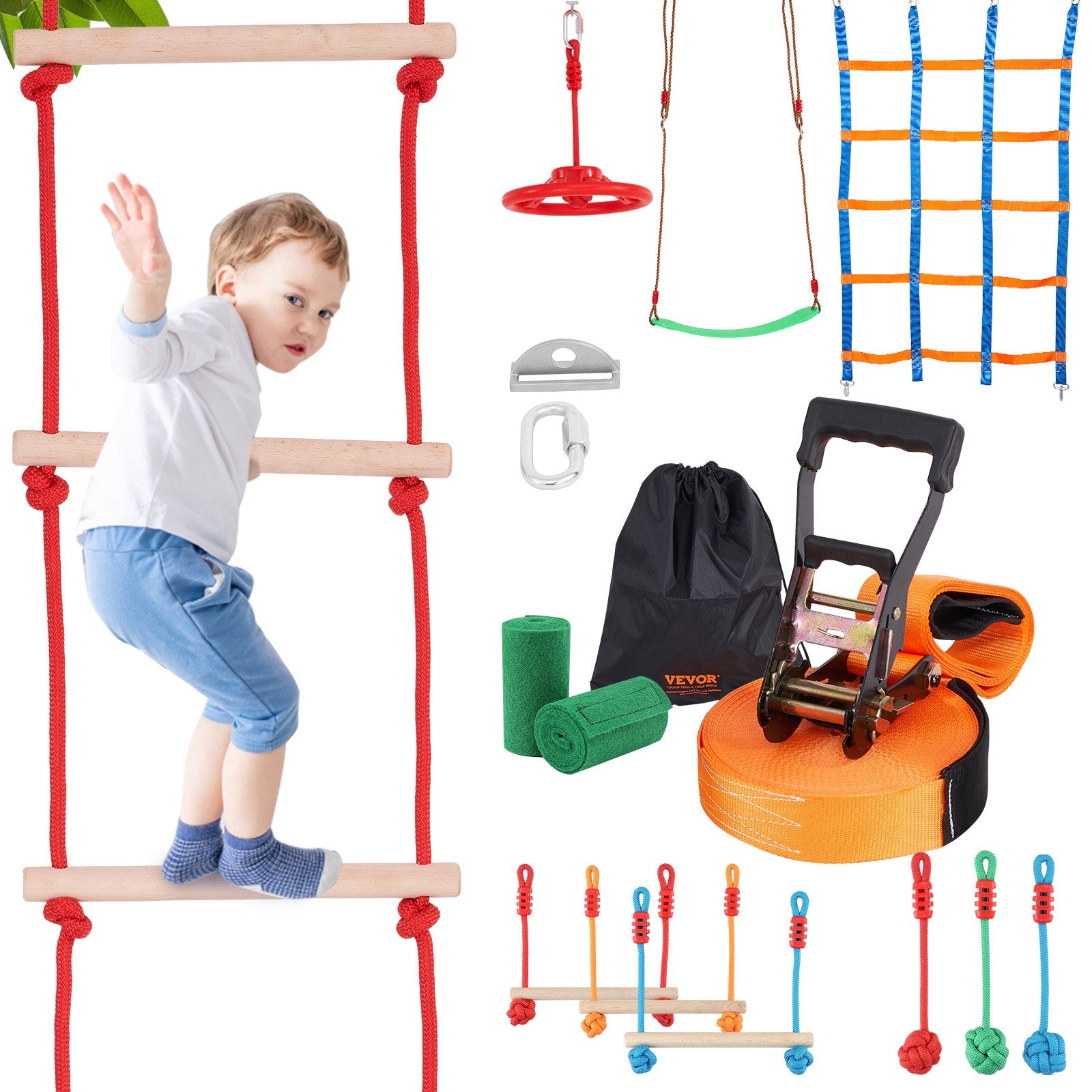 VEVOR Ninja Warrior Obstacle Course for Kids, 15.24 m Weatherproof Slacklines, 500lbs Weight Capacity Monkey Line, Outdoor Playset Equipment, Backyard Toys Training Equipment Set with 10 Obstacles