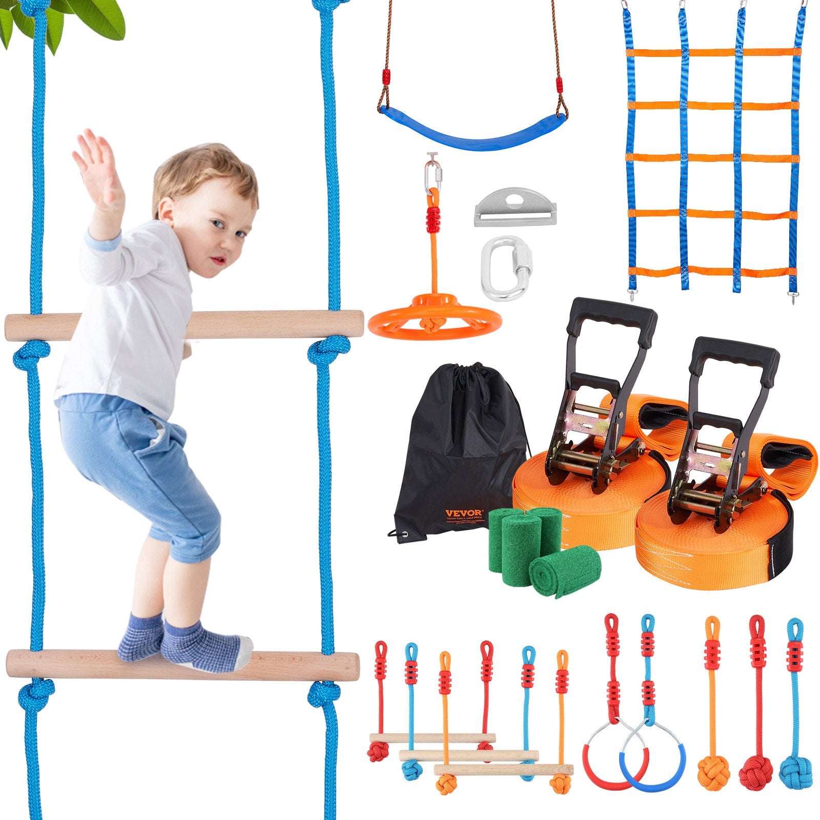 VEVOR Ninja Warrior Obstacle Course for Kids, 2 x 17m Weatherproof Slacklines, 227kg Weight Capacity Monkey Line, Outdoor Playset Equipment, Backyard Toys Training Equipment Set with 12 Obstacles