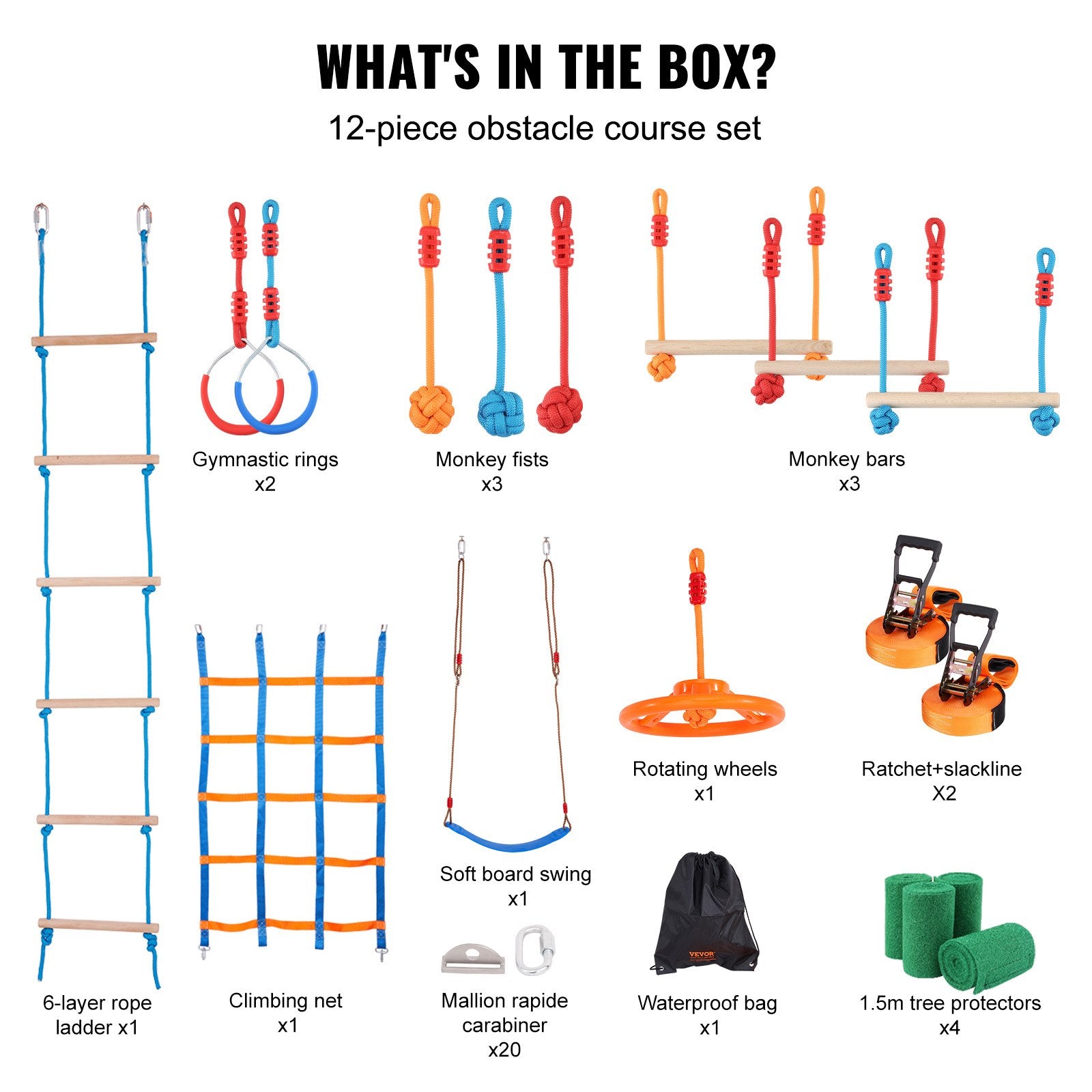 VEVOR Ninja Warrior Obstacle Course for Kids, 2 x 17m Weatherproof Slacklines, 227kg Weight Capacity Monkey Line, Outdoor Playset Equipment, Backyard Toys Training Equipment Set with 12 Obstacles