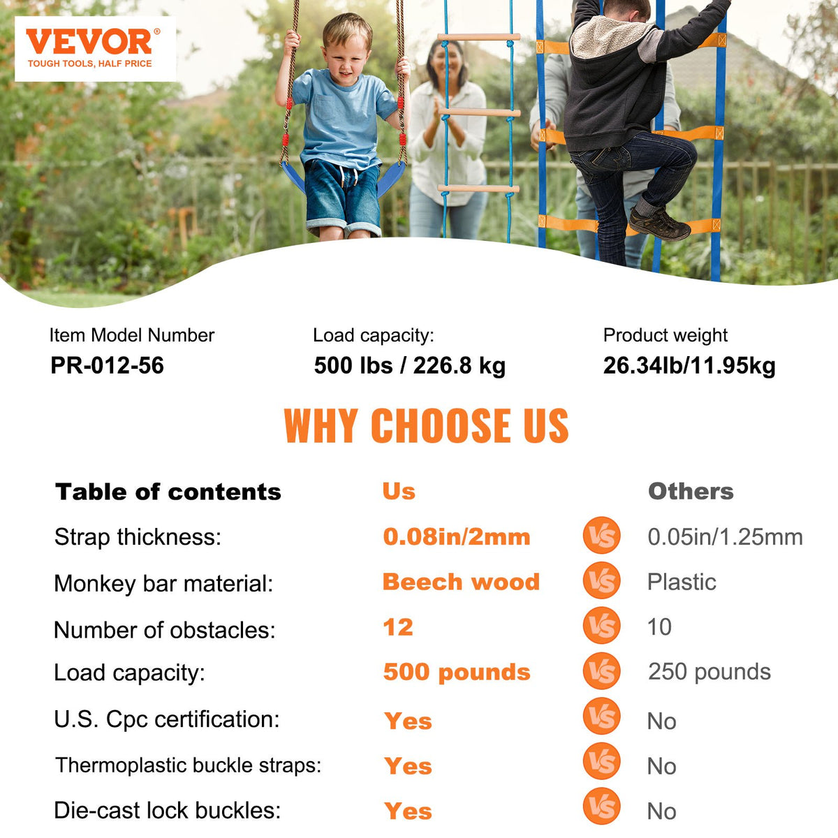 VEVOR Ninja Warrior Obstacle Course for Kids, 2 x 17m Weatherproof Slacklines, 227kg Weight Capacity Monkey Line, Outdoor Playset Equipment, Backyard Toys Training Equipment Set with 12 Obstacles