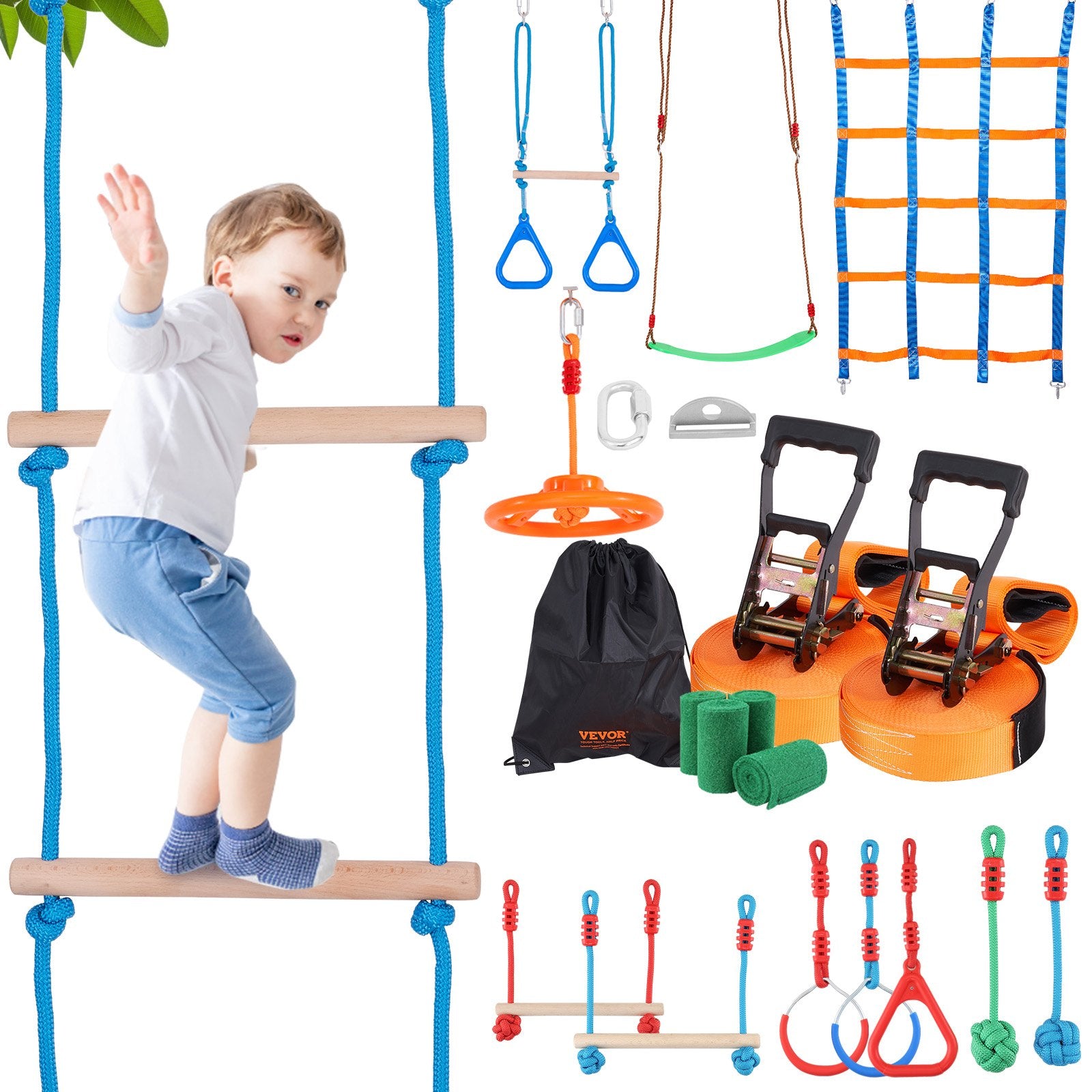 VEVOR Ninja Warrior Obstacle Course for Kids, 2 x 19.8m Weatherproof Slacklines, 500lbs Weight Capacity Monkey Line, Outdoor Playset Equipment, Backyard Toys Training Equipment Set with 12 Obstacles