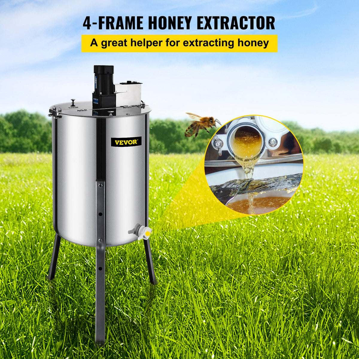 VEVOR 4 Frame Electric Honey Extractor Beekeeping 120 W Motor 2 Clear Lids