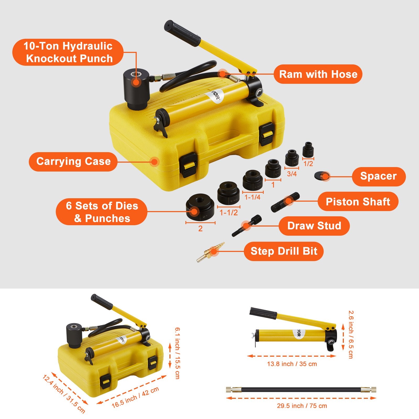 VEVOR 10 Ton Hydraulic Knockout Punch Kit, 1/2" to 2" Conduit Hole Cutter Set, KO Tool Kits with Puncher 6 Piece, Metal Sheet Driver Tools, For Aluminum, Brass, Stainless Steel, Fiberglass and Plastic