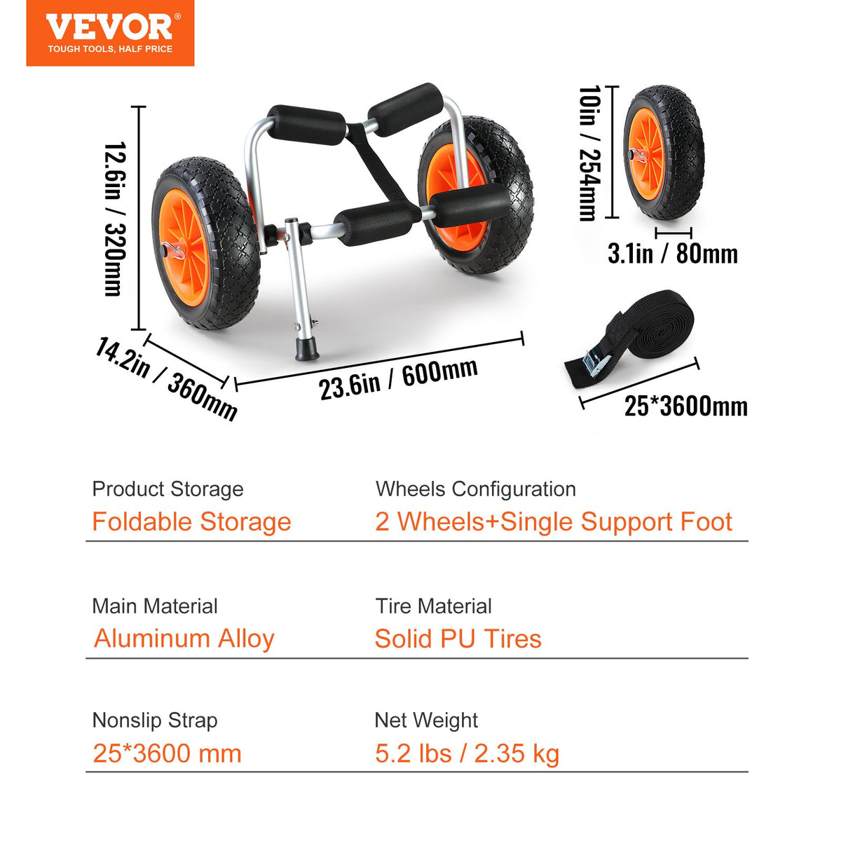VEVOR Foldable Kayak Cart Canoe Boat Carrier 250lbs Load with 10'' Solid Tires