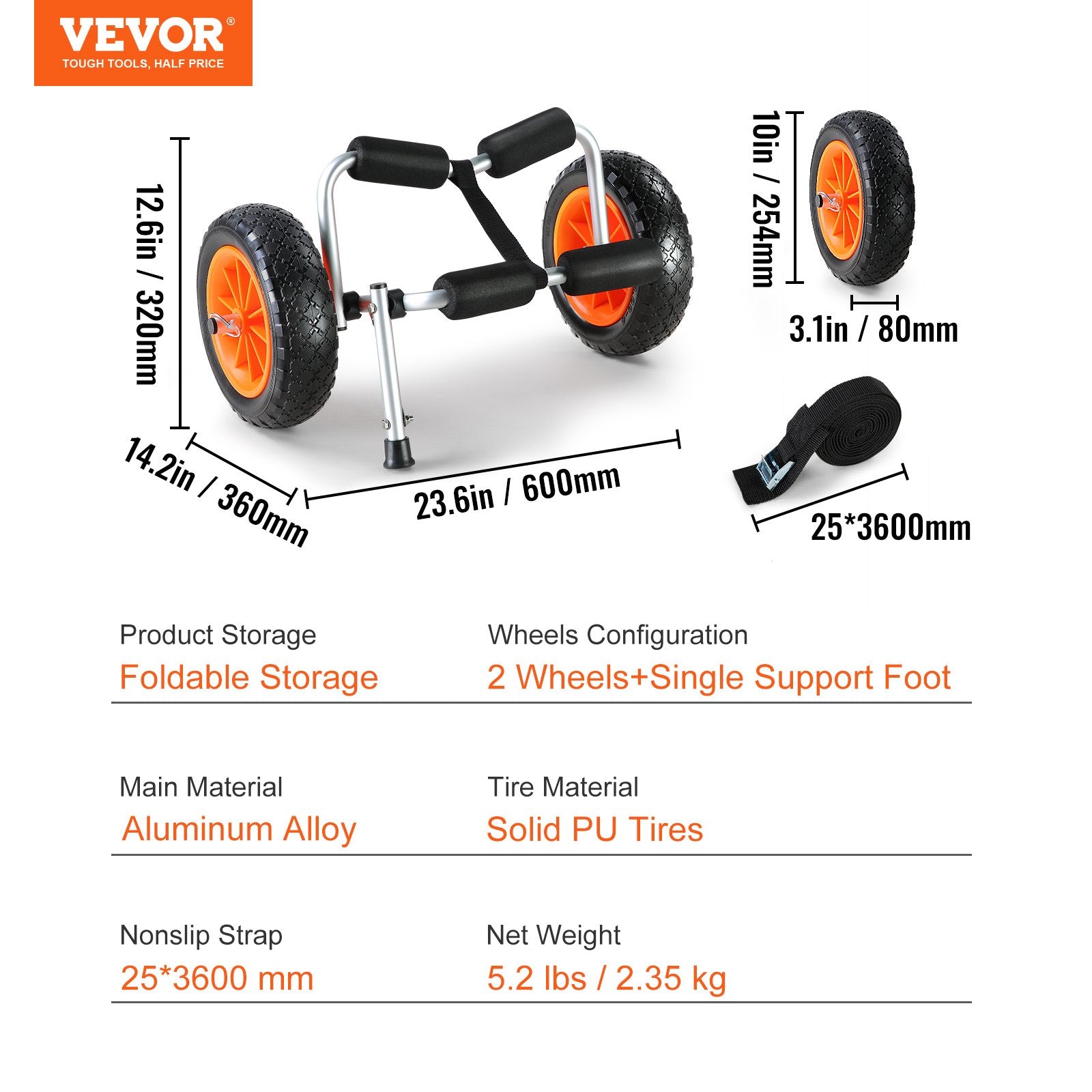 VEVOR Foldable Kayak Cart Canoe Boat Carrier 250lbs Load with 10'' Solid Tires
