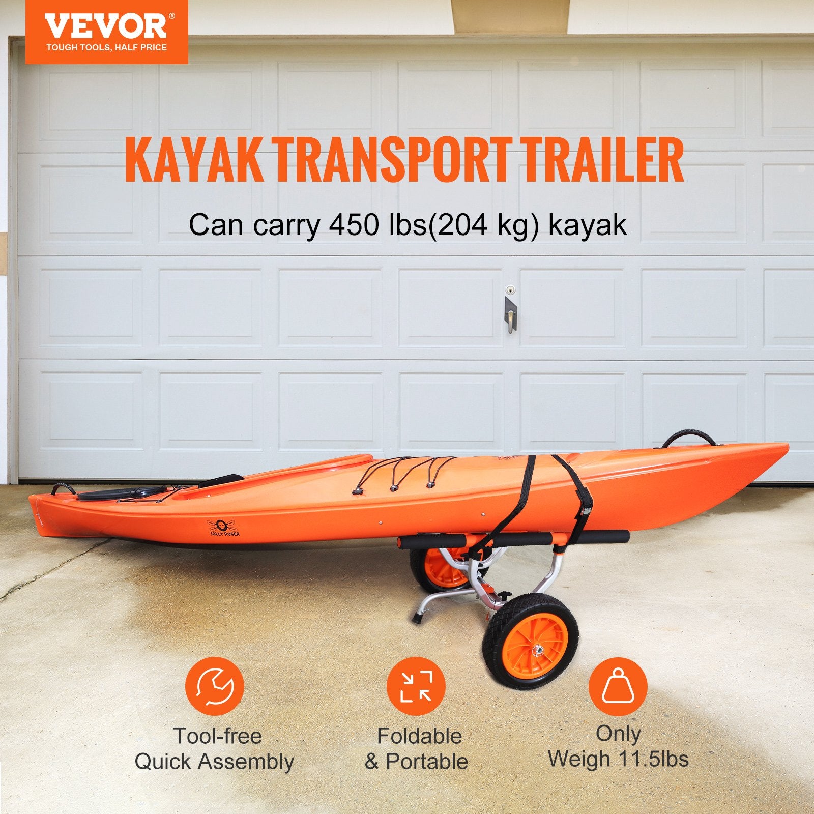 VEVOR Adjustable Kayak Cart Canoe Boat Carrier 450lbs Load with 12'' Solid Tires