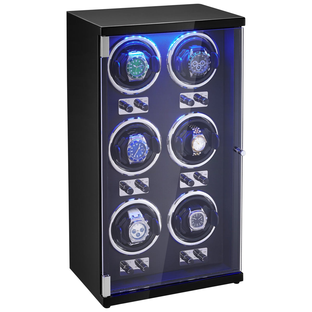 VEVOR Watch Winder, Watch Winder for 6 Men's and Women's Automatic Watches, with 6 Super Quiet Japanese Mabuchi Motors, Blue LED Light and Adapter, High-Density Board Shell and Black PU