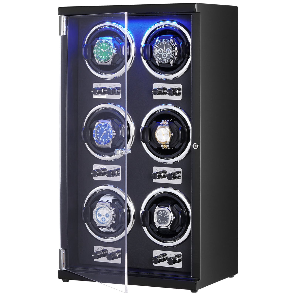 VEVOR Watch Winder, Watch Winder for 6 Men's and Women's Automatic Watches, with 6 Super Quiet Japanese Mabuchi Motors, Blue LED Light and Adapter, High-Density Board Shell and Black PU