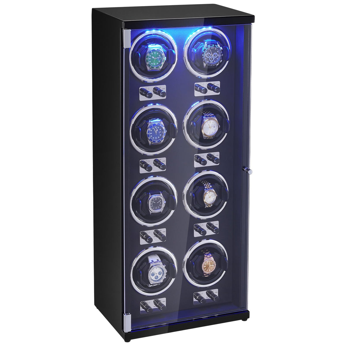 VEVOR Watch Winder, Watch Winder for 8 Men's and Women's Automatic Watches, with 8 Super Quiet Japanese Mabuchi Motors, Blue LED Light and Adapter, High-Density Board Shell and Black PU