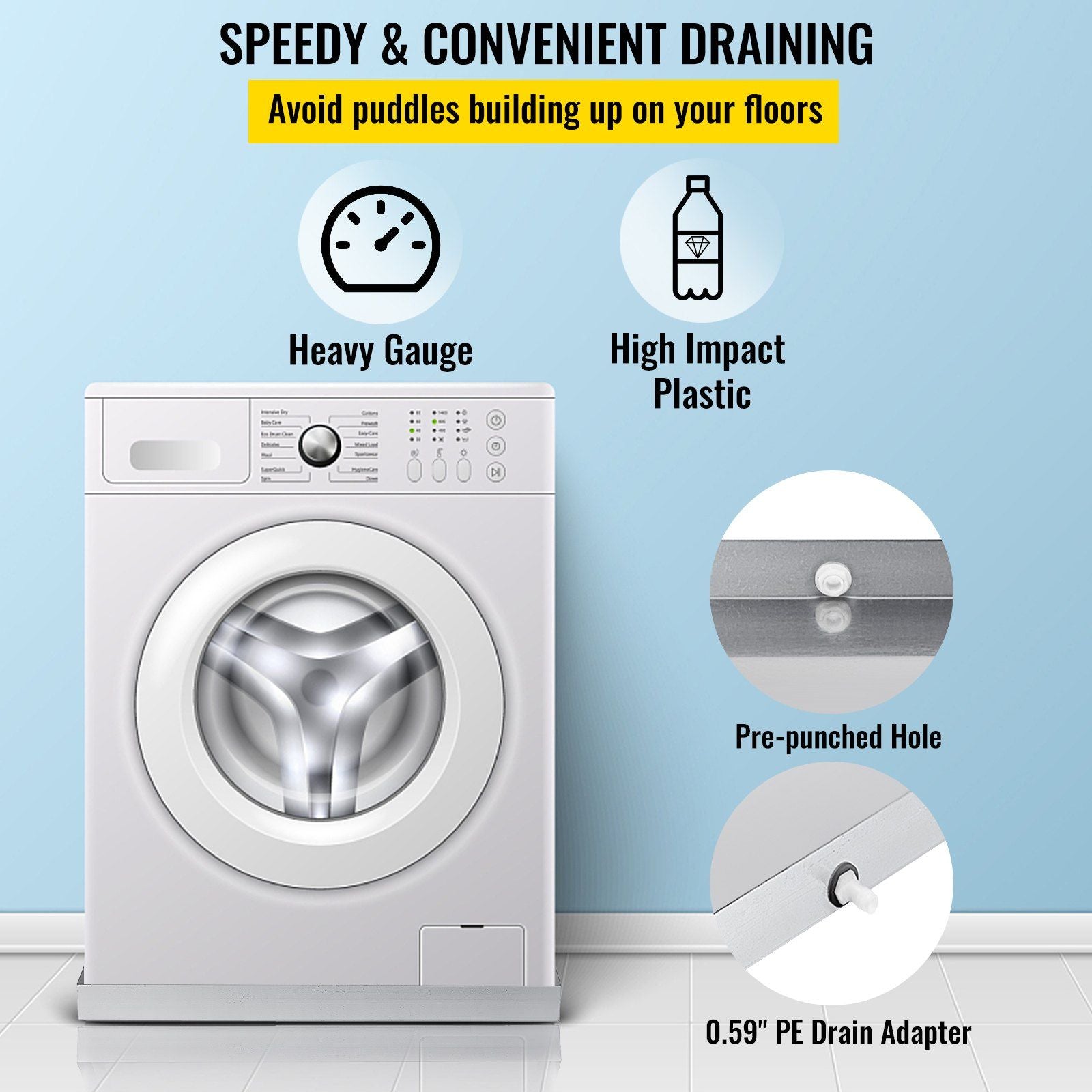 32 x 30 x 2.5 Inch Washing Machine Pan 18 GA Thickness 304 Stainless Steel Heavy Duty Compact Washer Drip Tray with Drain Hole & Hose Adapter