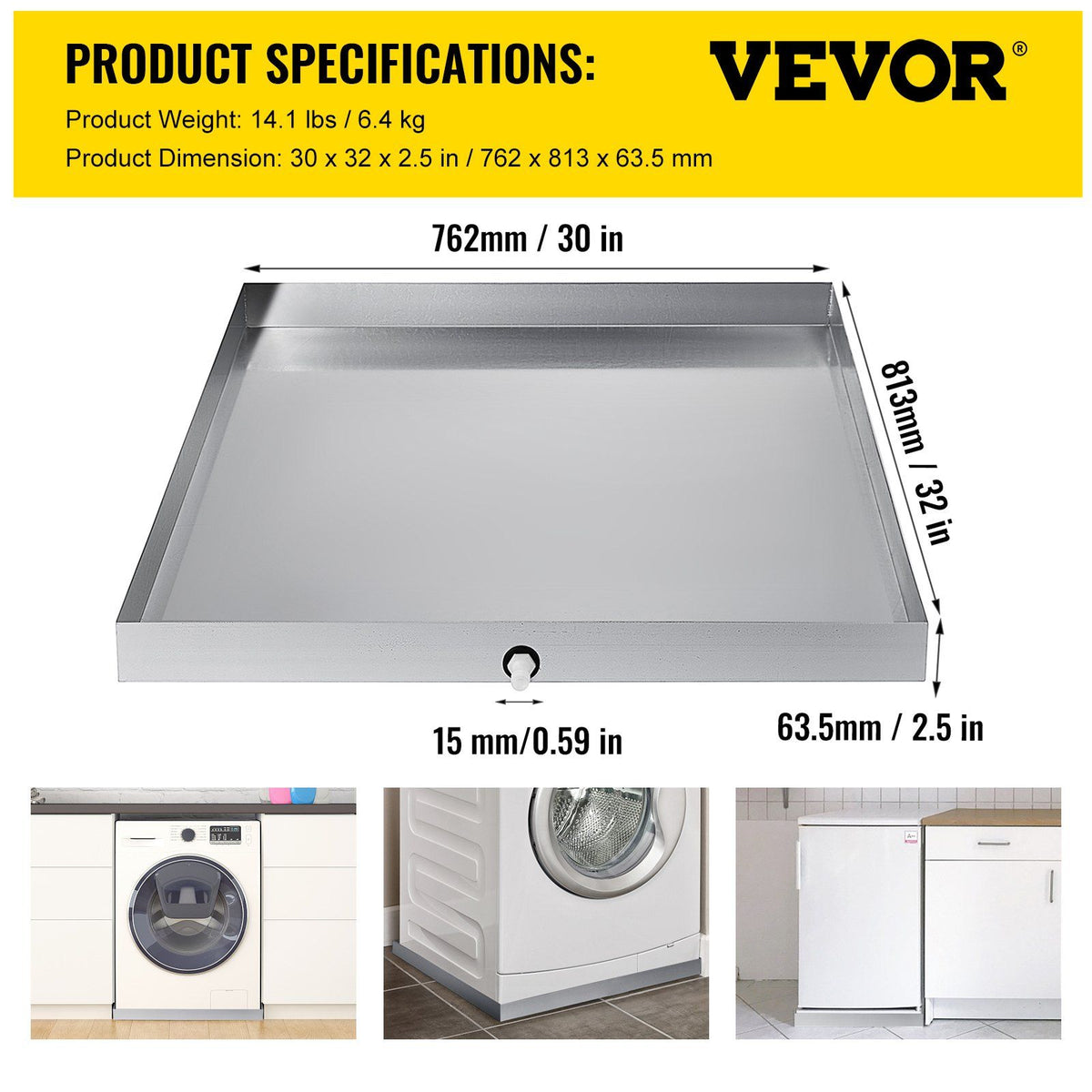 32 x 30 x 2.5 Inch Washing Machine Pan 18 GA Thickness 304 Stainless Steel Heavy Duty Compact Washer Drip Tray with Drain Hole & Hose Adapter