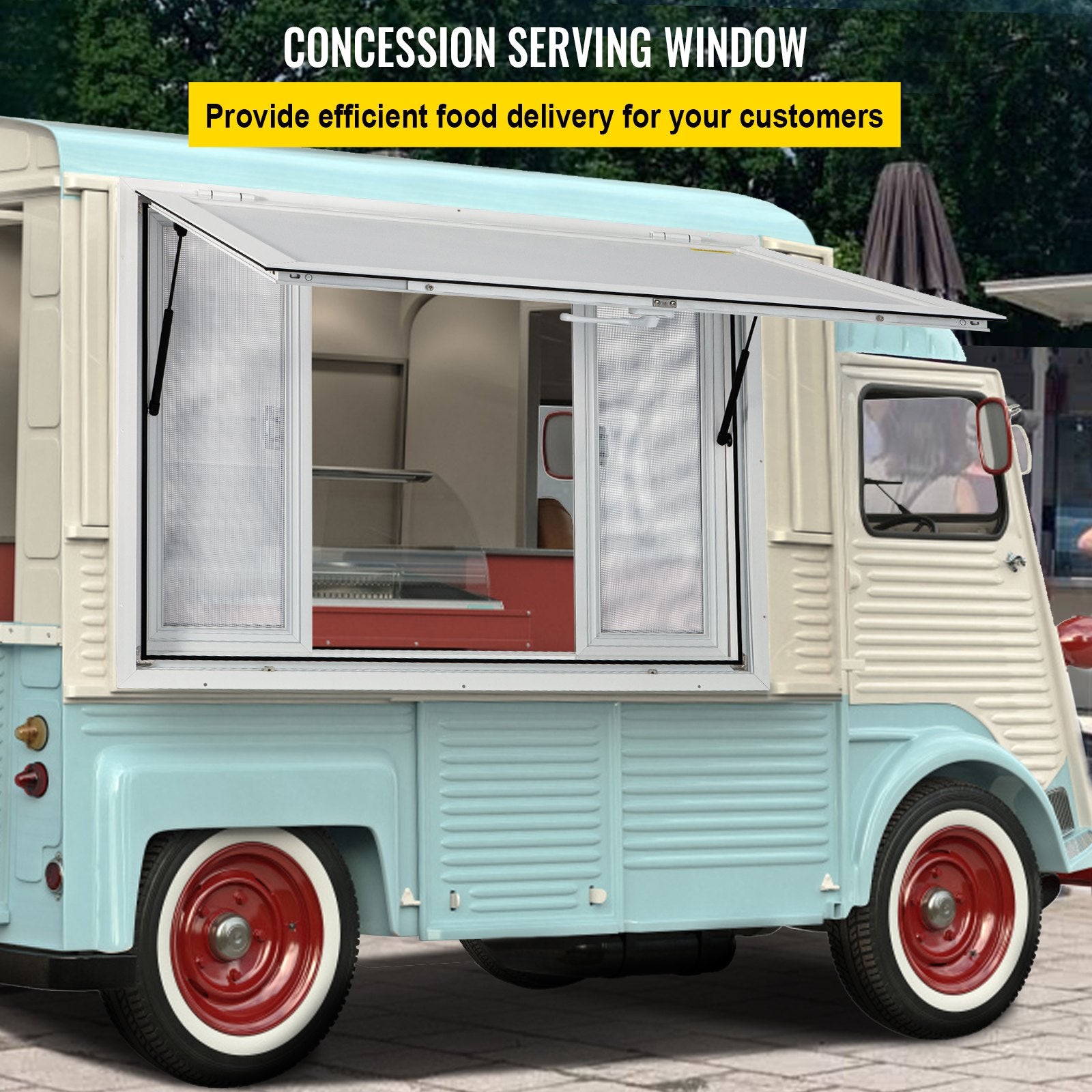 VEVOR Concession Window, 91.4 x 91.4 cm Aluminum Alloy Food Truck Service Window with 4 Horizontal Sliding Screen Windows & Awning Door & Drag Hook, Serving Window for Food Trucks Concession Trailers