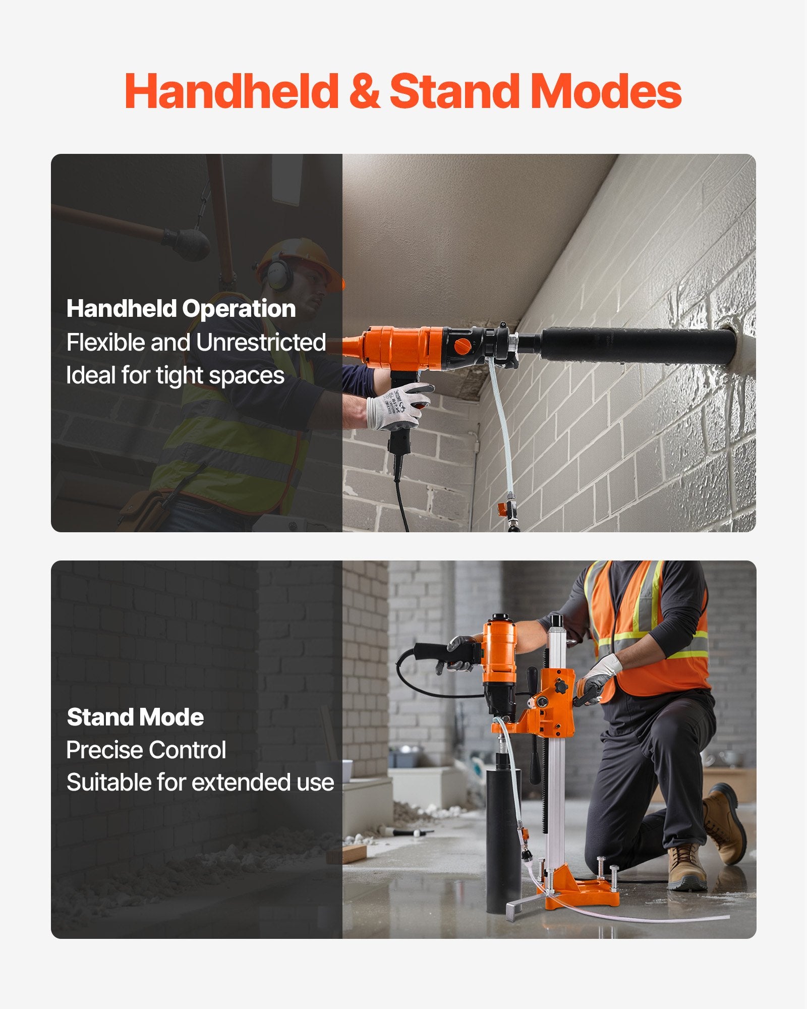 VEVOR Diamond Core Drilling Machine, 200 mm Drilling Diameter, 2-in-1 Handheld & Stand-Mount Dry and Wet Concrete Core Drill Rig with 4 Bits, 1000/2250 RPM 2-Speed, for Concrete Brick Stone, 1500W