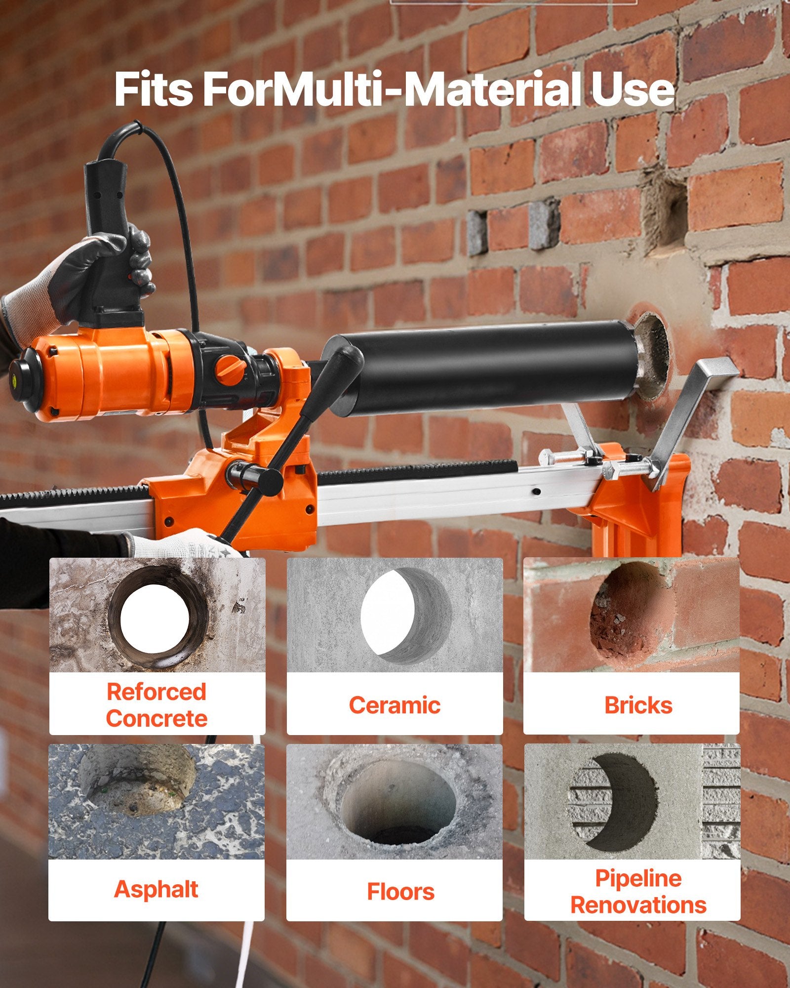 VEVOR Diamond Core Drilling Machine, 200 mm Drilling Diameter, 2-in-1 Handheld & Stand-Mount Dry and Wet Concrete Core Drill Rig with 4 Bits, 1000/2250 RPM 2-Speed, for Concrete Brick Stone, 1500W