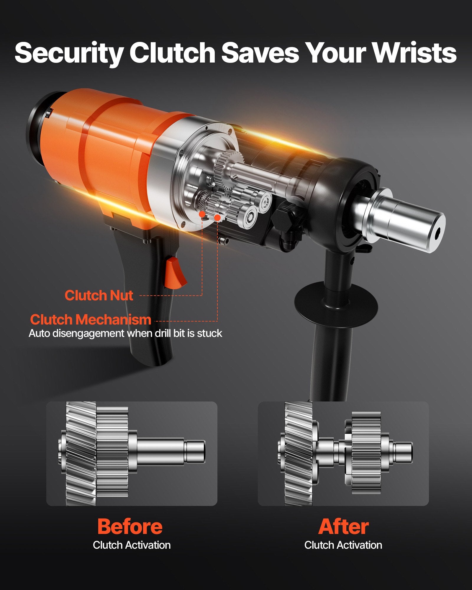 VEVOR Diamond Core Drilling Machine, 200 mm Drilling Diameter, 2-in-1 Handheld & Stand-Mount Dry and Wet Concrete Core Drill Rig with 4 Bits, 1000/2250 RPM 2-Speed, for Concrete Brick Stone, 1500W