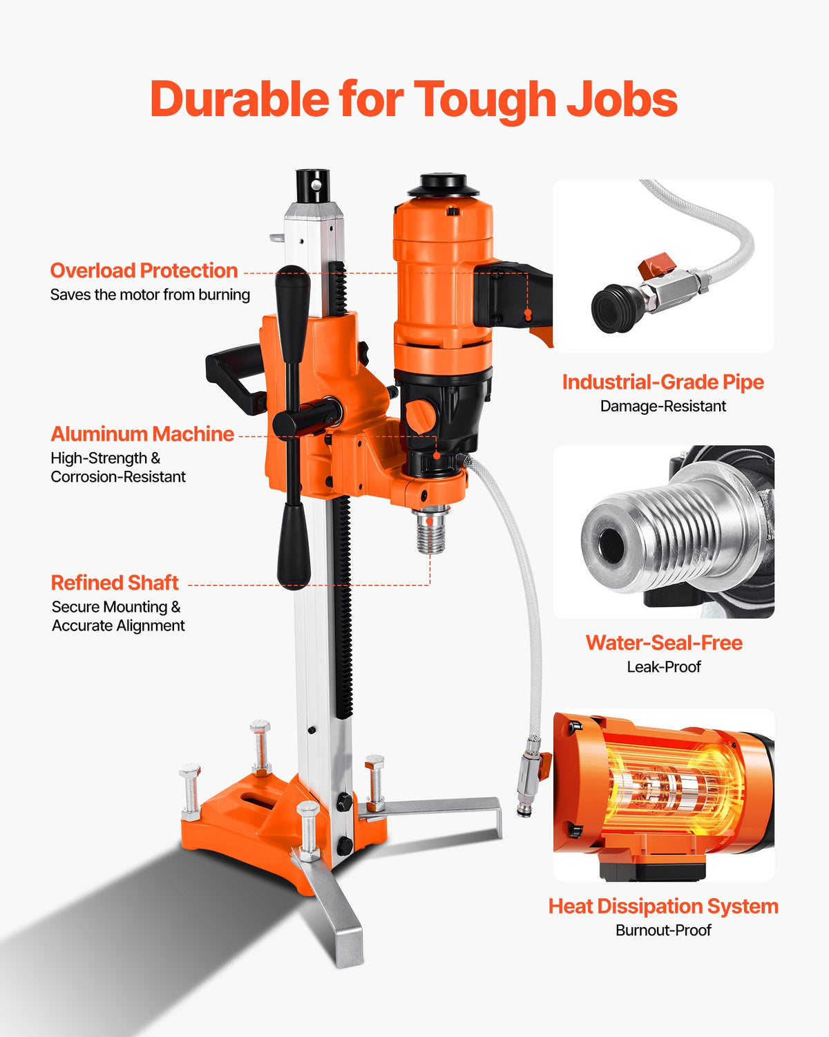 VEVOR Diamond Core Drilling Machine, 200 mm Drilling Diameter, 2-in-1 Handheld & Stand-Mount Dry and Wet Concrete Core Drill Rig with 4 Bits, 1000/2250 RPM 2-Speed, for Concrete Brick Stone, 1500W