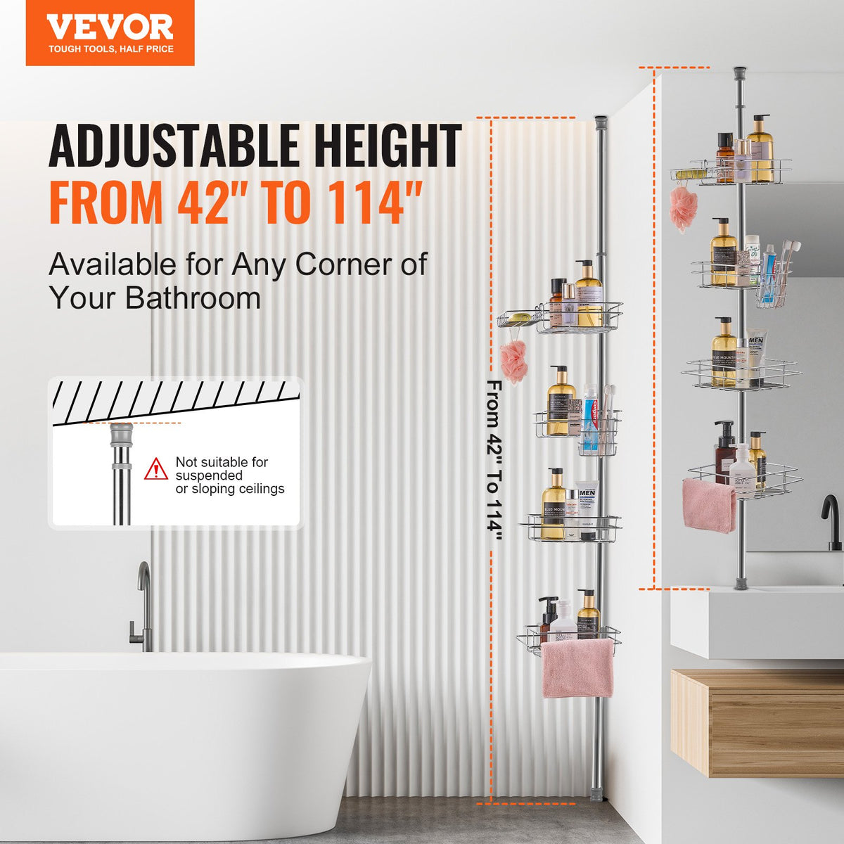 VEVOR 42" to 114" High Shower Corner Caddy Tension Pole Rust-Proof Tension Pole