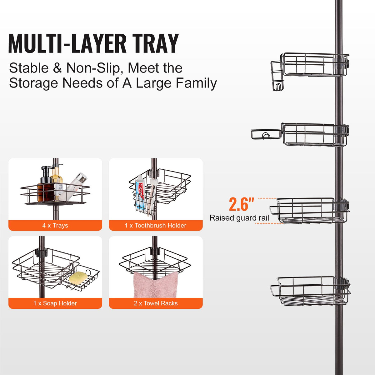 VEVOR 42" to 114" High Shower Corner Caddy Tension Pole Rust-Proof Tension Pole