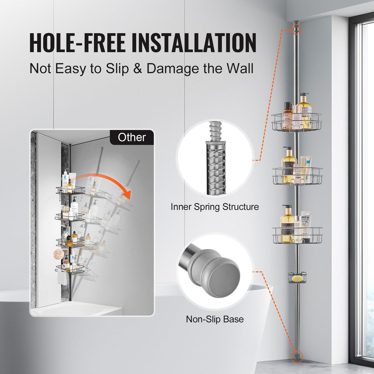 VEVOR 39" to 125" High Shower Corner Caddy Tension Pole Rust-Proof Tension Pole