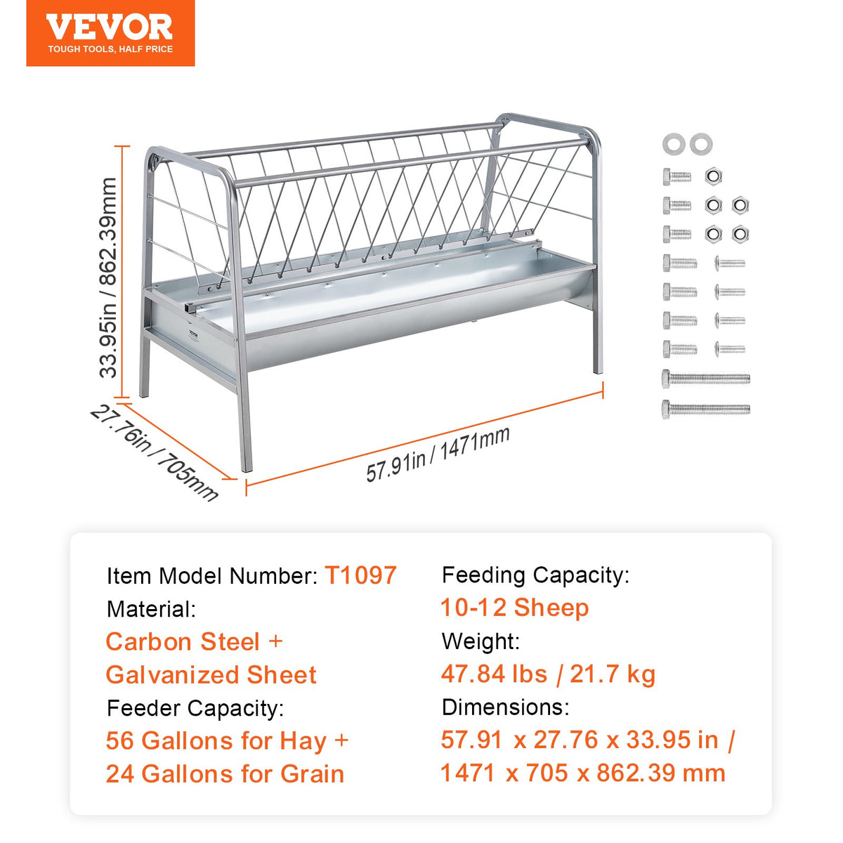 VEVOR Livestock Hay Feeder, 2 in 1 Grain & Hay Feeder, 80-Gallon Capacity Pasture Feeder, 59" Long Goat Hay Feeder with Deeper Feeding Pan, Heavy Duty Steel Grain & Hay Holder for Sheep Farms Sheds