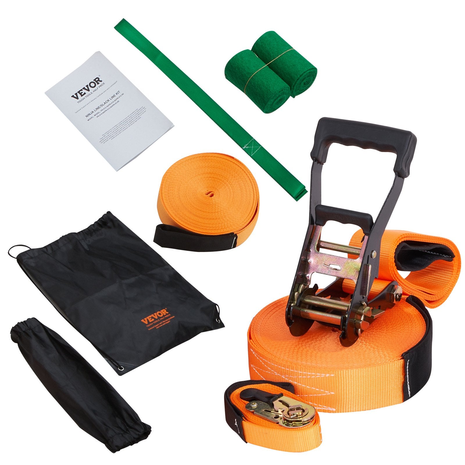 VEVOR Slackline Kit with Training Line, 18.3m Backyard Slack Line Equipment, Easy Setup Tight Rope for Kids Adults, Complete Slackline Set with Tree Protectors, Arm Trainer, Carry Bag, and Instruction