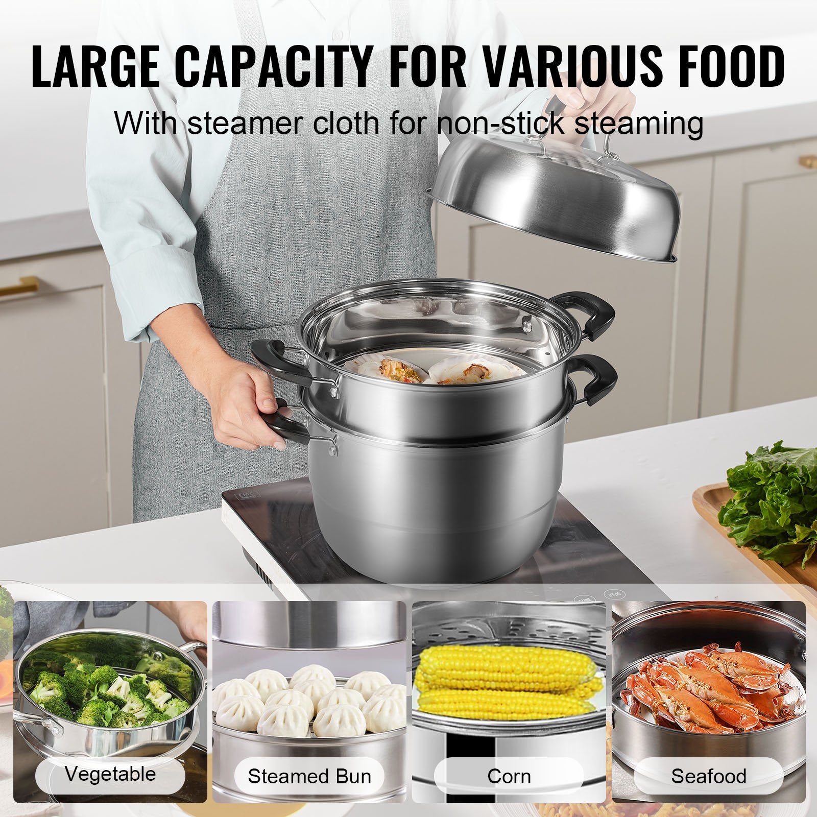 VEVOR Steamer Pot, 28cm Steamer Pot for Cooking with 8.5QT Stock Pot, Vegetable Steamer & 2 Steaming Grid, 3-Layer Food-Grade 304 Stainless Steel Food Steamer Cookware with Lid for Gas Electric Stove