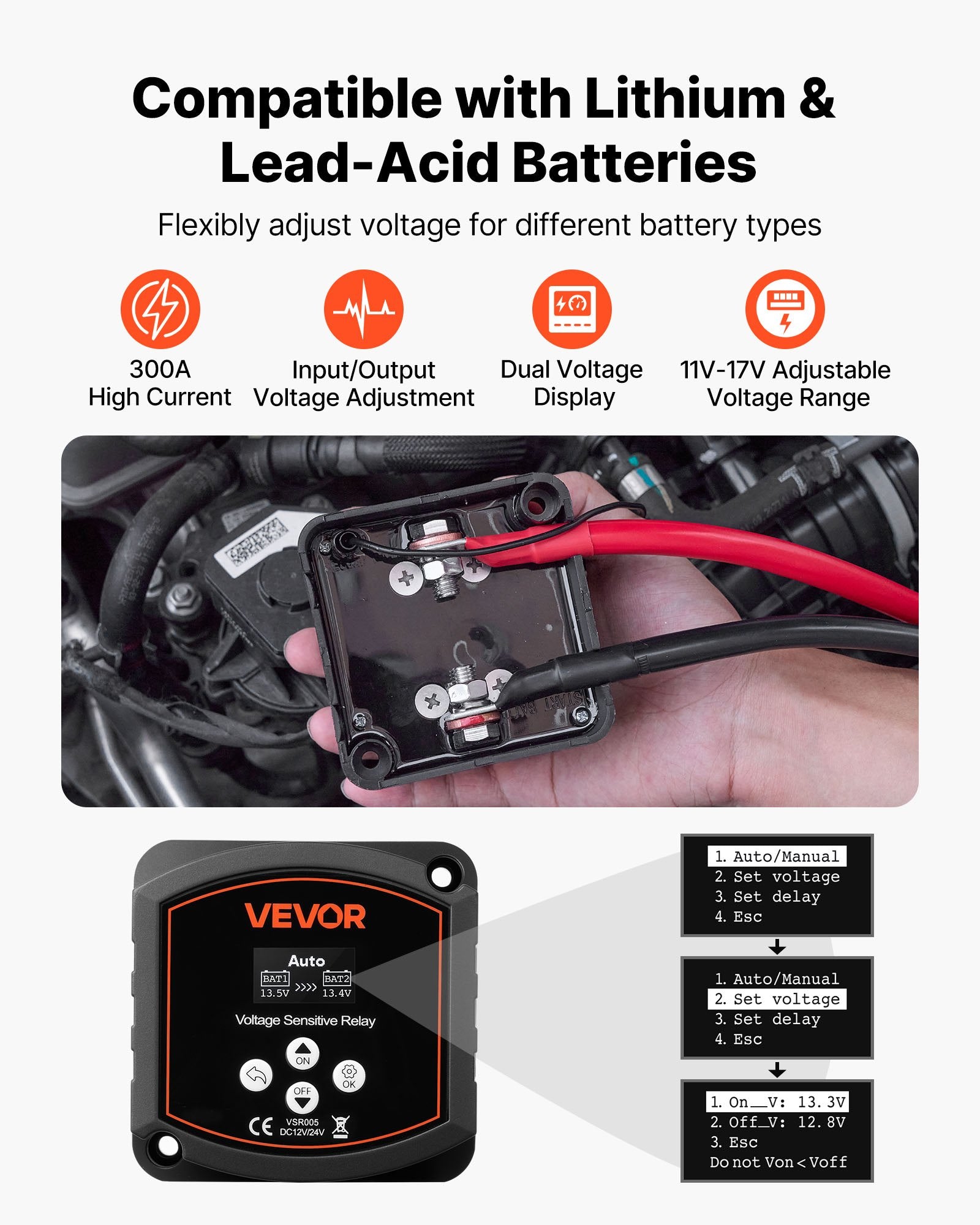 VEVOR Dual Battery Isolator, 12V 300 Amp, Manual and Automatic VSR Voltage Sensitive Relay with LCD Screen, Smart Battery Isolator for Lithium & Lead-Acid Batteries, for Car Truck RV UTV ATV Boat