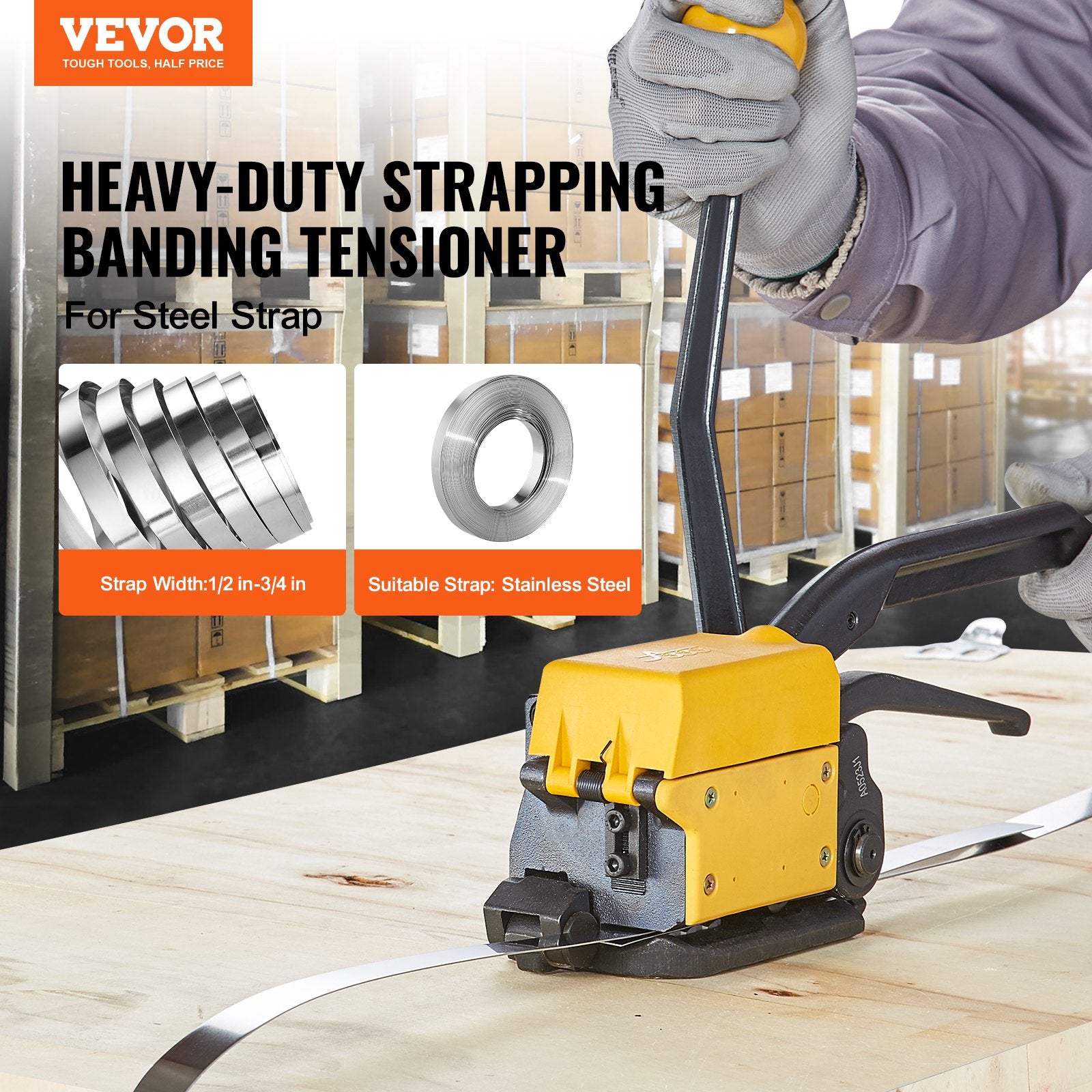 VEVOR Steel Strapping Tool for 13-19 mm Width, 3-in-1 (Tensioner, Crimper, Cutter) Manual Belt Packaging Banding Machine Packaging Metal Steel Strapping Banding Tool Machine for Stainless Steel Strap