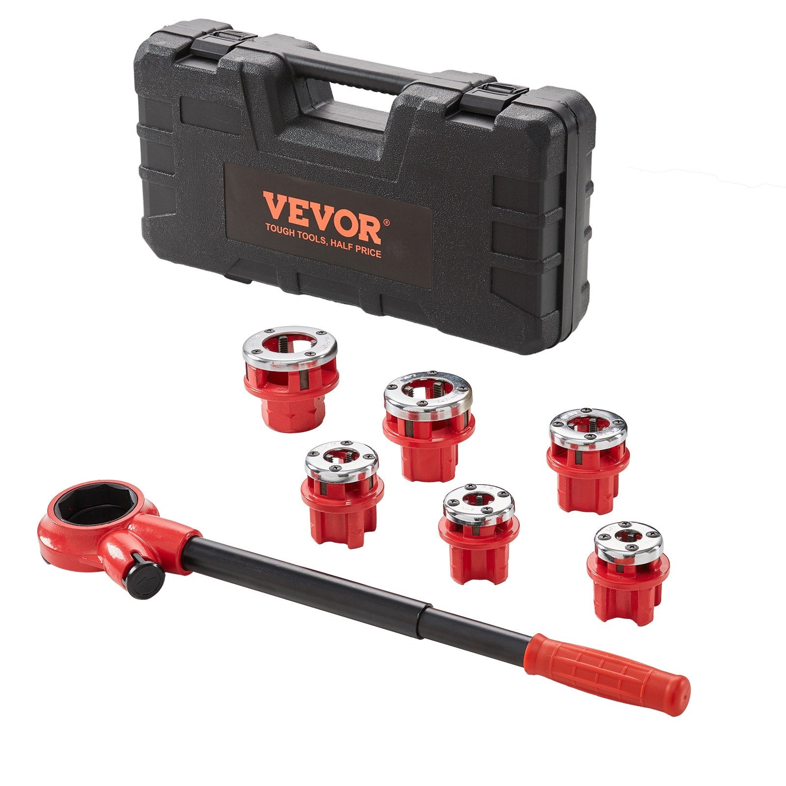 VEVOR Ratchet Pipe Threader Kit, 1/4" NPT - 1-1/4" NPT Manual Ratcheting Pipe Threader, Portable Pipe Threading Tool Set with 6PCS NPT Dies, Storage Case for Galvanized Aluminum Iron Copper Pipes